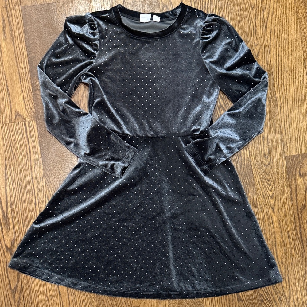 GAP Kids Gray Velvet Long-Sleeve Dress with Subtle Gold Sparkle